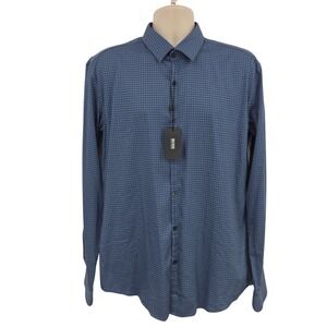 New Hugo Boss Ricardo Shirt Mens XL Blue Check Slim Fit Stretch Preppy Office